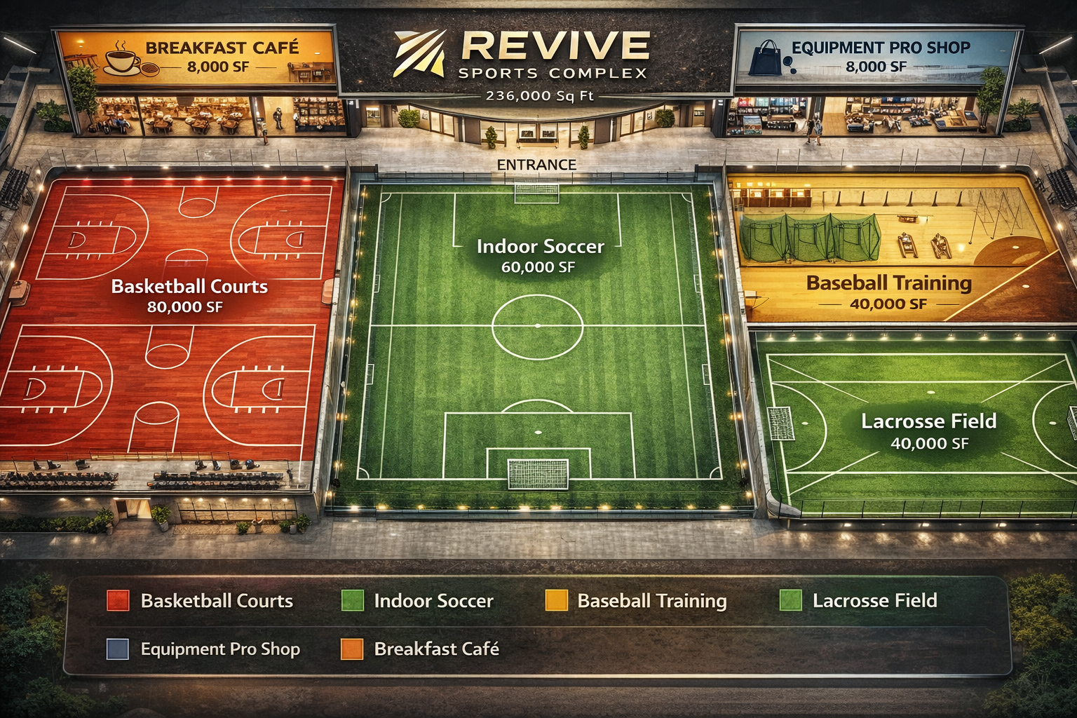 Revive Sports Complex - 236,000 SF multi-sport facility with basketball, soccer, baseball training, and lacrosse